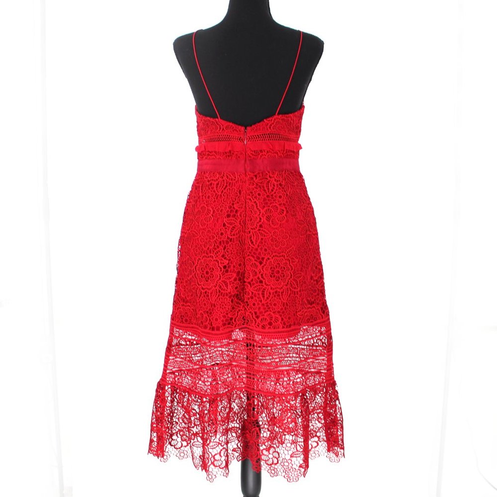 Self-Portrait Raspberry Red Floral Lace Midi Dress Ruffle Sleeveless 4 Small - Picture 6 of 9
